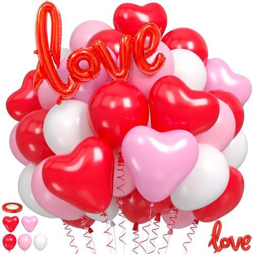 60pcs Red and Pink Balloons, Red Pink Heart Latex Balloons, Matte White Balloon Love Shaped Foil Balloon For Valentine's Day Birthday Baby Shower Party Wedding Bridal Shower Engagement Decorations
