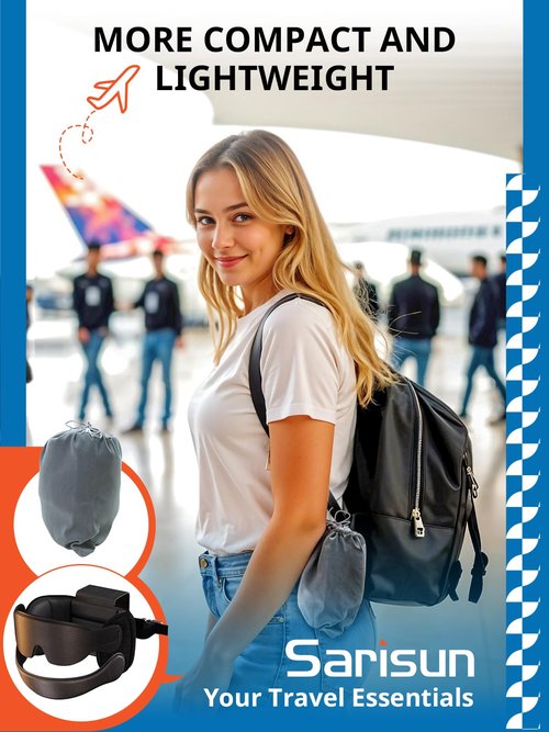 SARISUN Travel Pillow Combo with Chin Strap, Airplane Pillows with 3D Eye Mask for Sleeping, 360° Support Plane Head Strap for All Plane Seats, Long Flights Essentials, Stop Bobblehead, Black