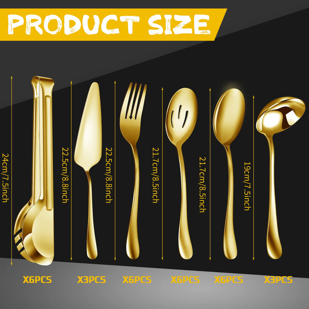 Thenshop 30 Pcs Stainless Steel Serving Utensils Set Flatware Set Include Large Serving Spoons Slotted Spoons Forks Soup Ladle Pie Server and Tongs for Buffet Party(Gold)