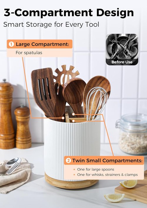 LoeJan Ceramic Utensil Holder - 3 Compartment Design with Cork Bottom | Large White Vertical Stripe Crock for Kitchen Counter