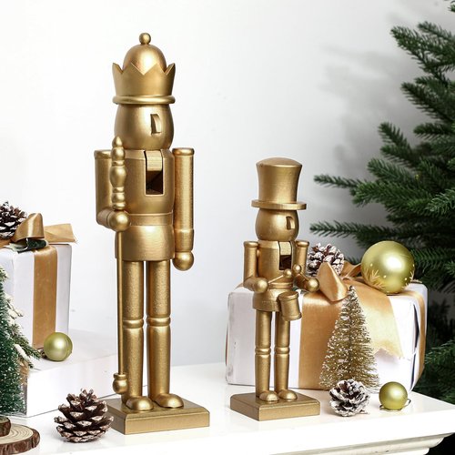 Quzzil 2 Pcs Christmas Nutcracker Ornaments Neutral Nutcracker Figures 10'' 15''Christmas Decor Ornament Soldier Festive Collectible Gift for Table Fireplace Shelf Desktop(Gold,Wooden)