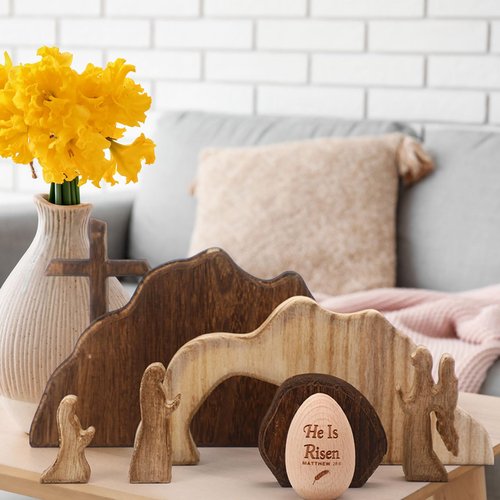 BrightRow Empty Tomb Easter Scene and Christian Cross Decorations Wooden He is Risen Easter Egg Jesus Resurrection Scene Tomb Tabletop for Religious Christian Home Office Indoor Decor