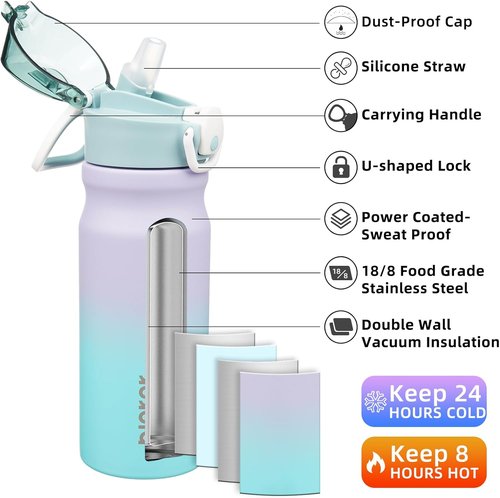 BJPKPK Insulated Water Bottle - 18oz Stainless Steel Flask with Straw, Leak-Proof Lid & Carry Handle | Lavender Green