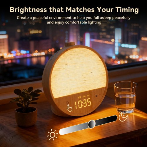 Vivilumens Wood Grain Sunrise Alarm Clock, Gentle Wake-Up Light Sound Machine, Dual Alarms for Heavy Sleepers, Natural Sounds, RGB Mood Light, Dimmable Bedside Night Lamp, Ideal for Bedroom & Gifts