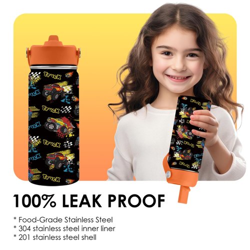 Truck Gifts for Kids - 16 Oz Kids Water Bottle with Straw Lid, Stainless Steel Insulated Tumbler, Leak Proof, BPA-Free, for Girls, School, Travel - Truck Lovers Children Birthday Gifts Cups(1pc)
