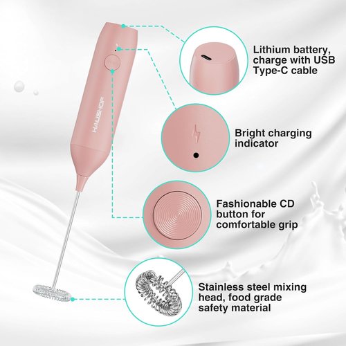 HAUSHOF Rechargeable Milk Frother Wand - Handheld Electric Foam Maker with Detachable Whisk | Pink