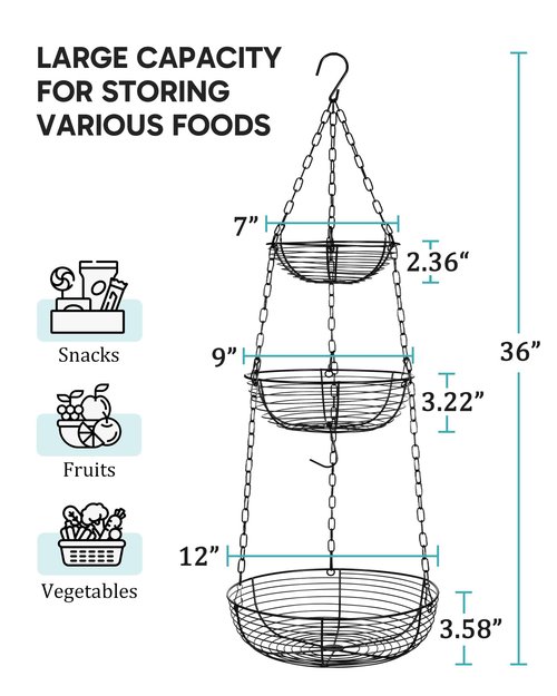 FANGSUN 3-Tier Hanging Fruit Basket for Kitchen Counter with Banana Hook, 36-Inch Heavy-Duty Wire Fruit Baskets with Leaf-Shaped Bracket for Kitchen Organizing Potato & Vegetable