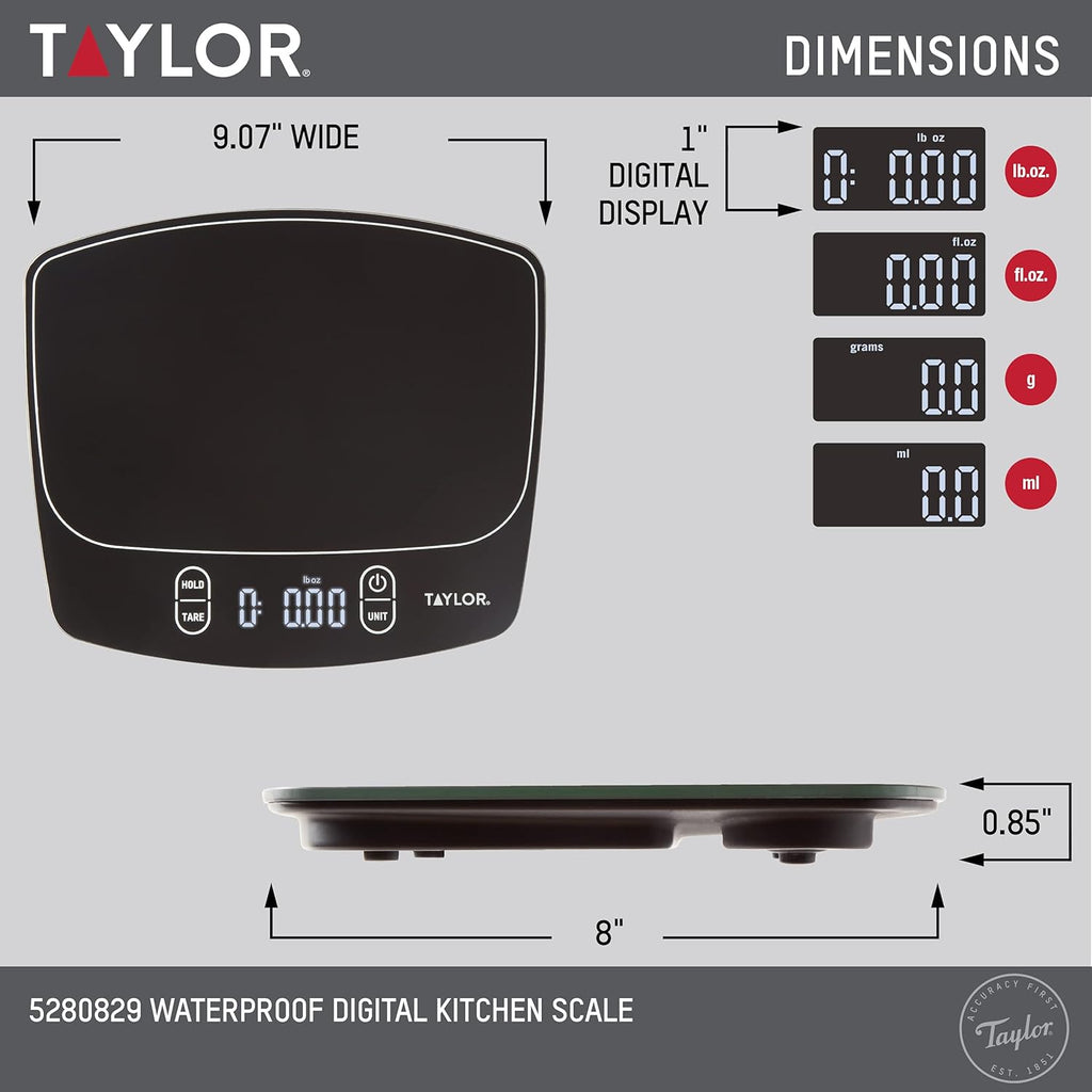 Taylor Waterproof Digital Kitchen Scale - Accurate Measurement Up to 11 Pounds | Sleek Black Design