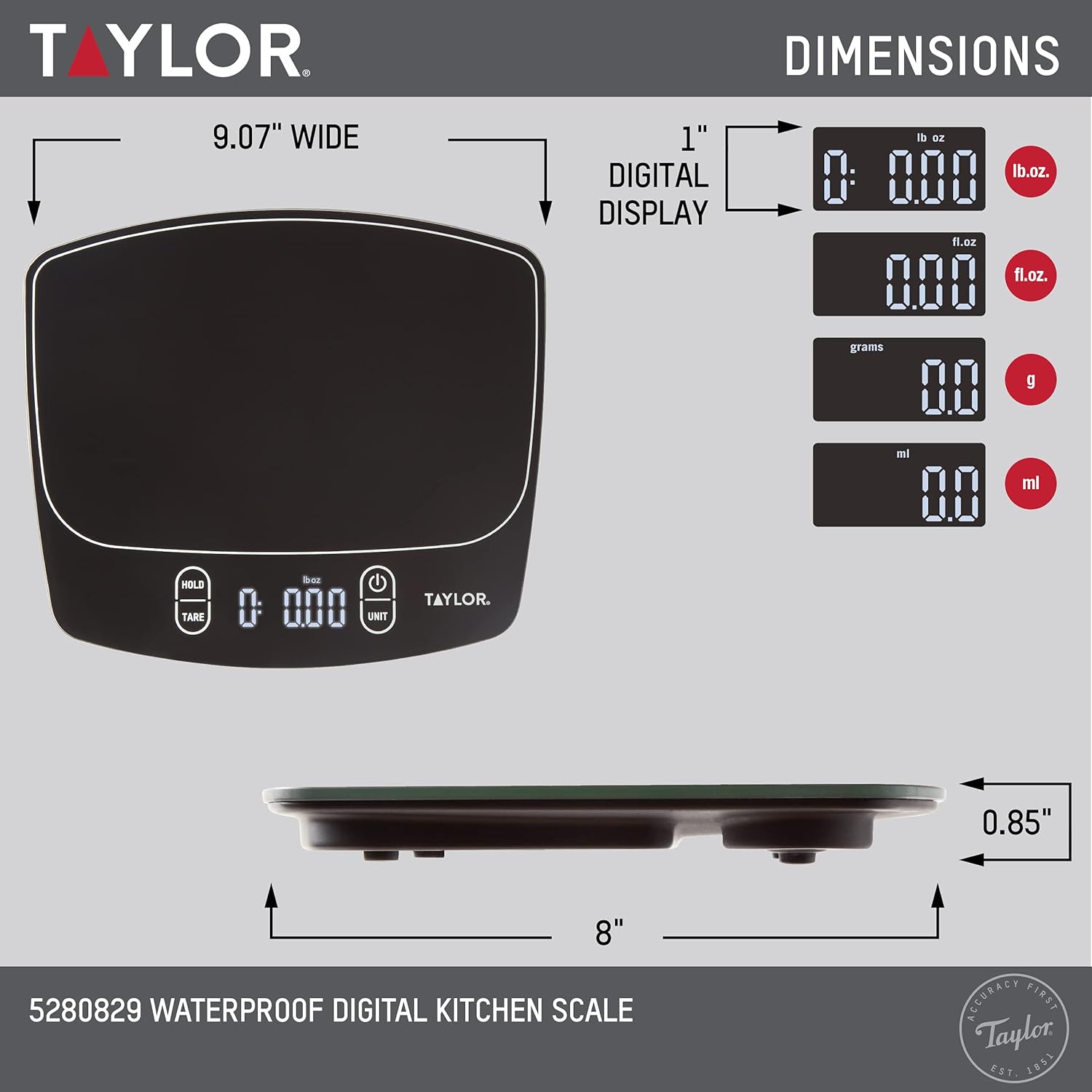 Taylor Waterproof Digital Kitchen Scale - Accurate Measurement Up to 11 Pounds | Sleek Black Design