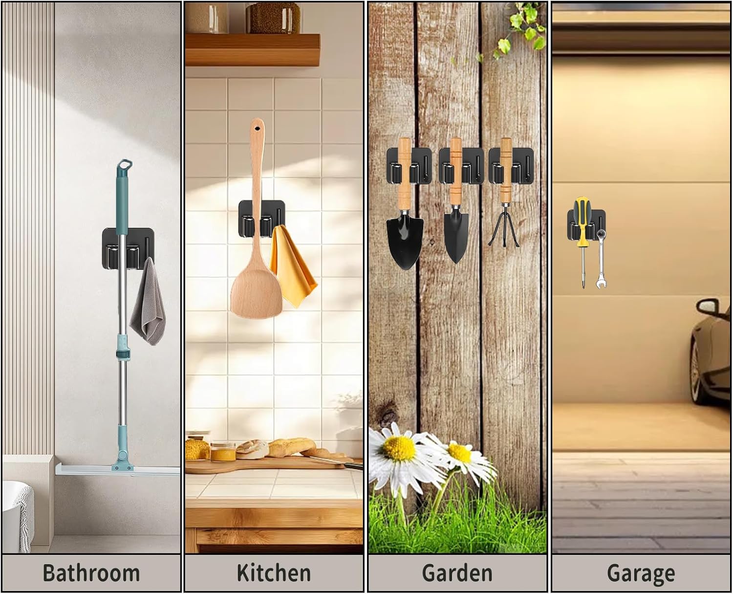 Skiennix Broom Holder Wall Mount - 3-Piece Garden Tool Organizer | Durable 304 Stainless Steel (Black)