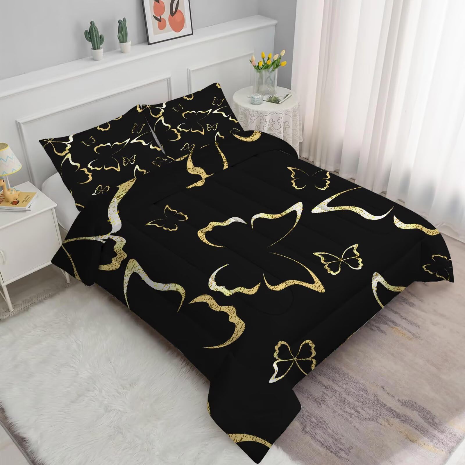DAZYFA Black and Gold Butterfly Comforter Set Full/Queen Size Luxury Bedding for Boys Girls Men Women Adults Modern Bedroom Decor Bet Set, 1 Comforter 2 Pillowcases