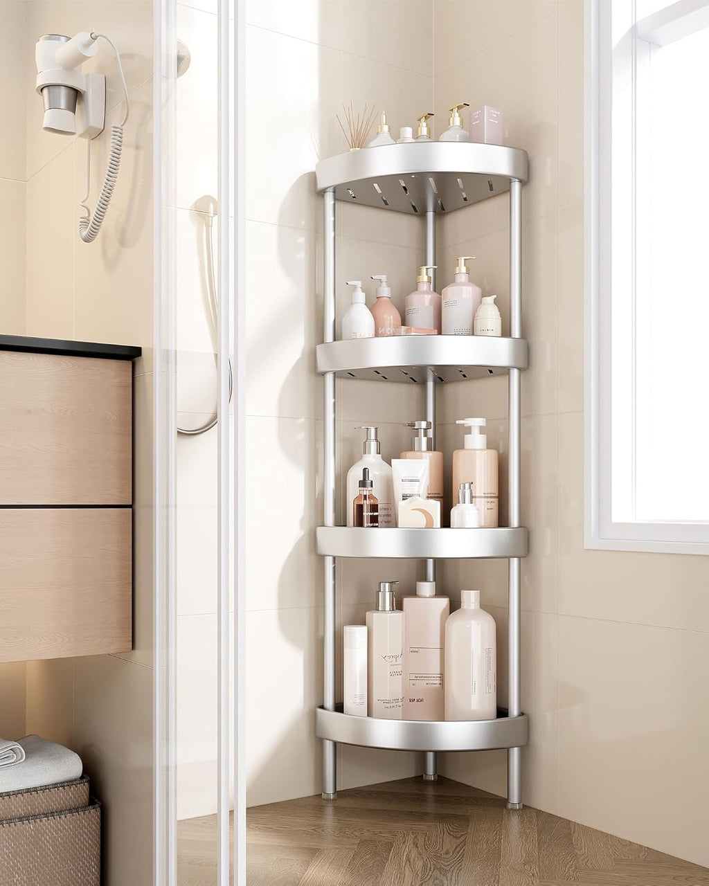 Nieifi Corner Shower Caddy Stand - 4-Tier Rustproof Aluminum Organizer | Height-Adjustable Legs, Silver