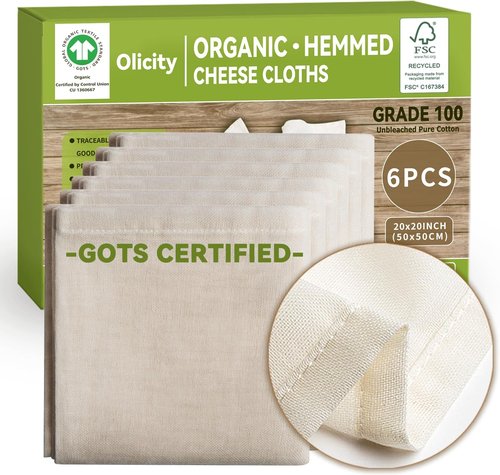 GOTS Certified Organic Cheese Cloths - 100% Cotton Unbleached Muslin | 6PCS, 20x20 Inch, Reusable Fine Mesh