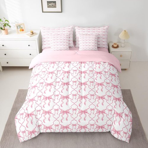 Erosebridal Pink Bow Queen Comforter Set for Kids Teen Women,Cute Ribbon Bowknot Bed in A Bag with Sheetss for Girls Kawaii Watercolor Bow Tie Bedding Set 7 Pieces,Pink White Princess Bowknot Bed Set
