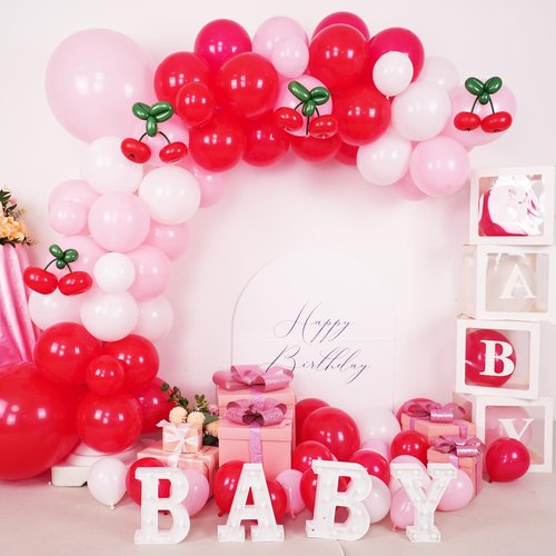 Cherry Balloon Garland Arch Kit, Red Pink White Green Long Balloons for Girls Birthday She is Cherry on Top Baby Shower Wedding Bridal Party Decorations