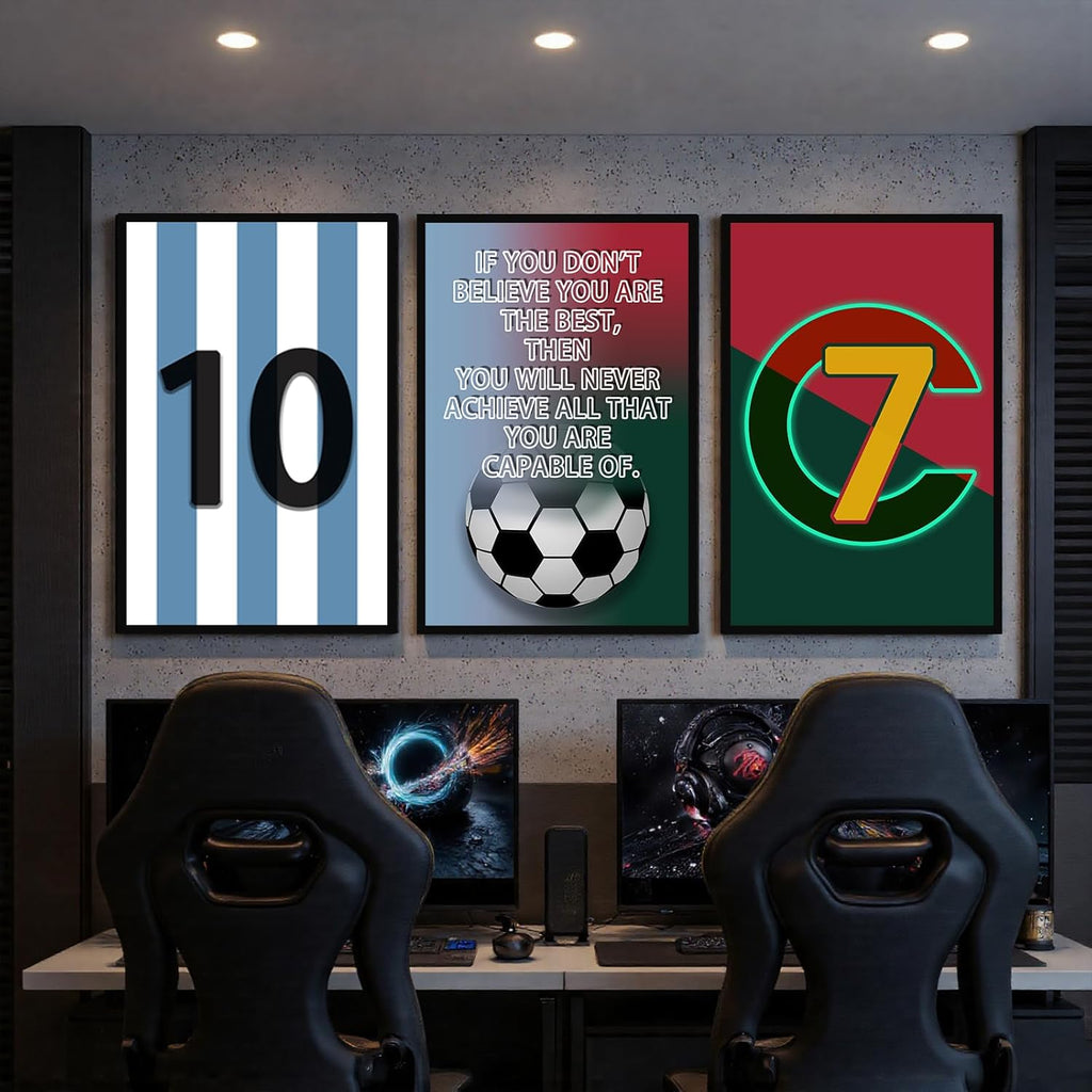 Pormipone Football Wall Art Decor - 3 Pcs Soccer Canvas Paintings for Boys Room | 16x24 in