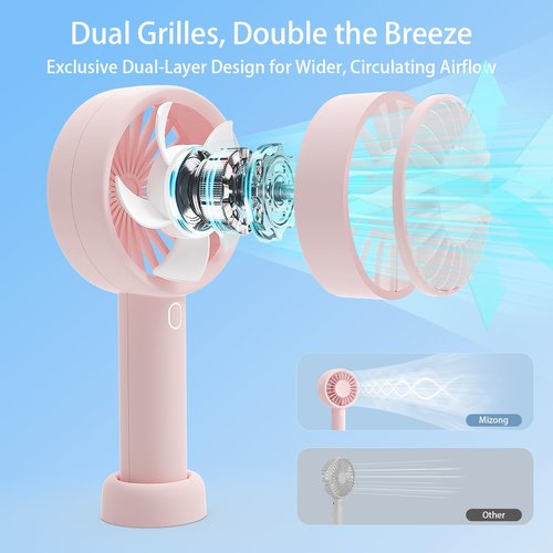 Mizong Portable Handheld Fan, USB Personal Fan Rechargeable Battery Operated 10H Working Cooling Time Mini Small Design with Base for Desktop/Travel/Outdoor/Vacation/Concerts/Lash Makeup-Pink