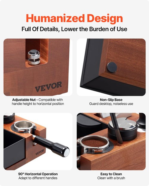 VEVOR Espresso Tamping Station, Sapele Wood, 9-in-1 Multifunctional Tamping Station with Detachable Slot, Easy to Clean Espresso Knock Box with Non-Slip Base, Fits for 51-58 mm Handles
