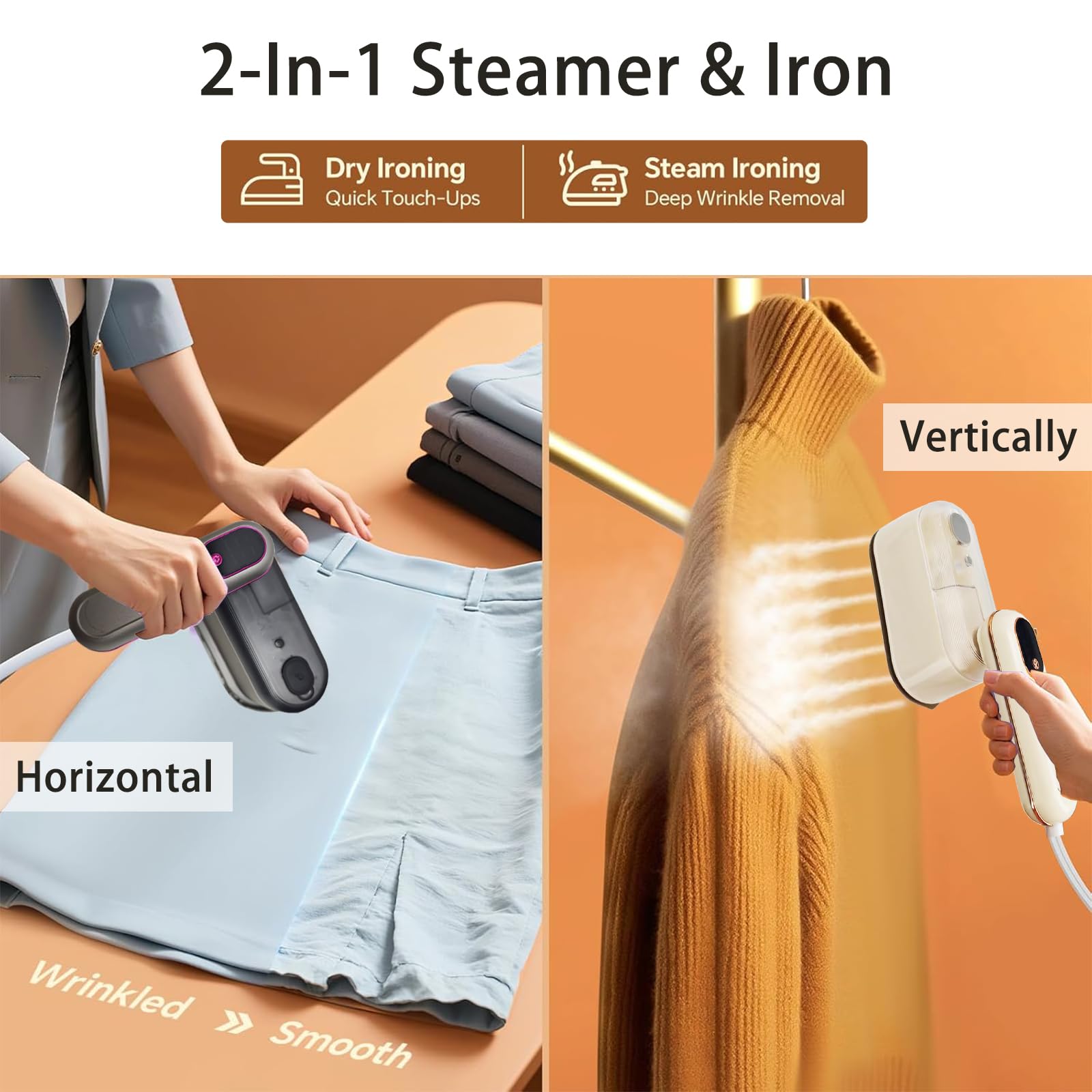 Travel Steamer Iron, 1200W Clothing Steamer with Digital Display Screen, 5+1 Intelligent Ironing Gear Multifunctional Hanging Iron Machine, 140ml, 30S Preheating, Suitable for Home, Trip&Dorm (Grey)