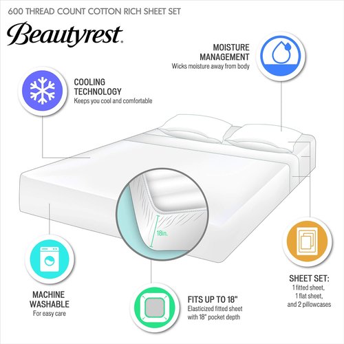 Madison Park 600 TC Cooling Cotton Blend Solid Sheet 16 Inch Deep Pocket, All Season, Soft Bedding-Set, Matching Pillow Case, Queen, White 4 Piece.
