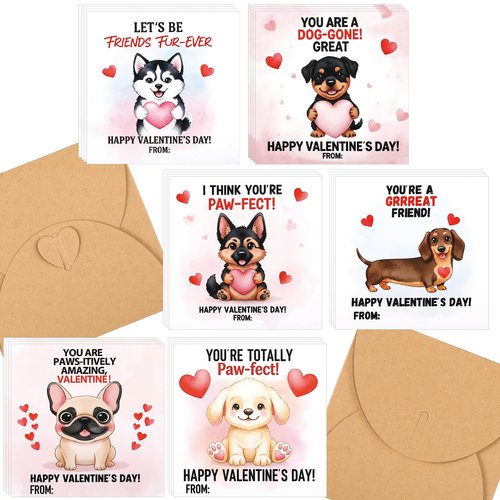 Tinlade 24 Pack 4.3 x 4.3″ Dog Valentines Cards with Envelopes Dog Valentines Day Cards Bulk for Classroom Adorable Design with Printed Message Inside for Teachers Students Coworker Family Friend