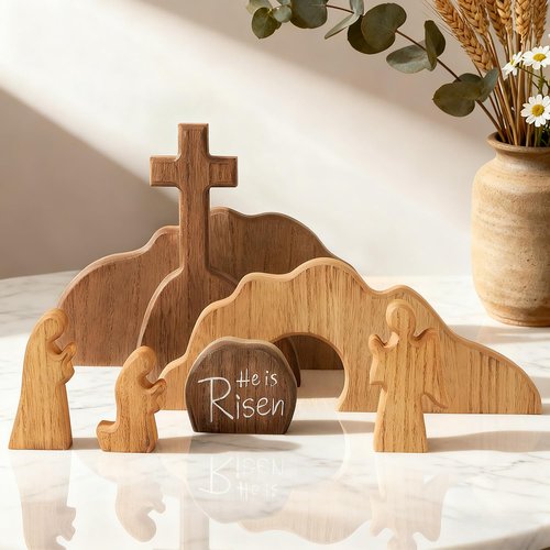 Glintoper Empty Tomb Easter Scene and Cross Decoration, 7pcs Wooden Easter Resurrection Scene Cross Jesus Tomb Tray Set, Tabletop Christian Gifts Jesus Nativity Scene Decor for Religious Home Office