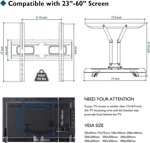 BONTEC Full Motion TV Wall Mount - Fits 23-70 Inch TVs, Swivel & Tilt Dual Arms, Holds Up to 99 lbs