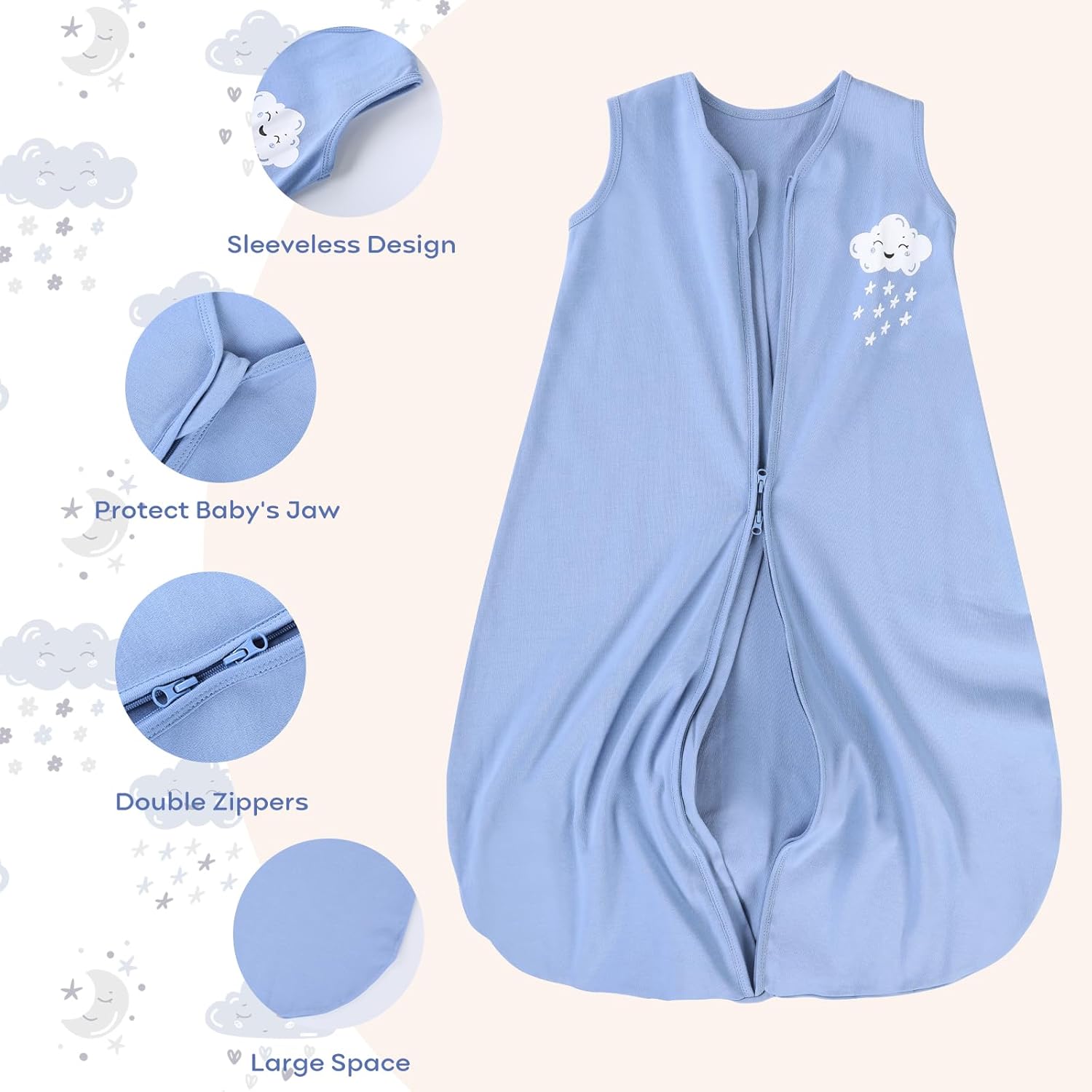 Yoofoss Baby Sleep Sack - 100% Organic Cotton Wearable Blanket | 12-18 Months, 2-Way Zipper, 3 Pack