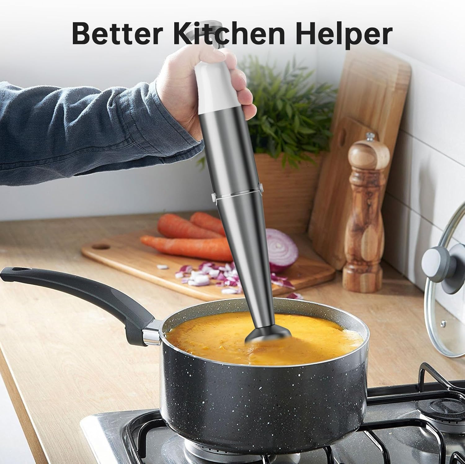 Skiennix Immersion Blender - 1100W Handheld Stick Mixer with Variable Speed, Chopper & Whisk - White