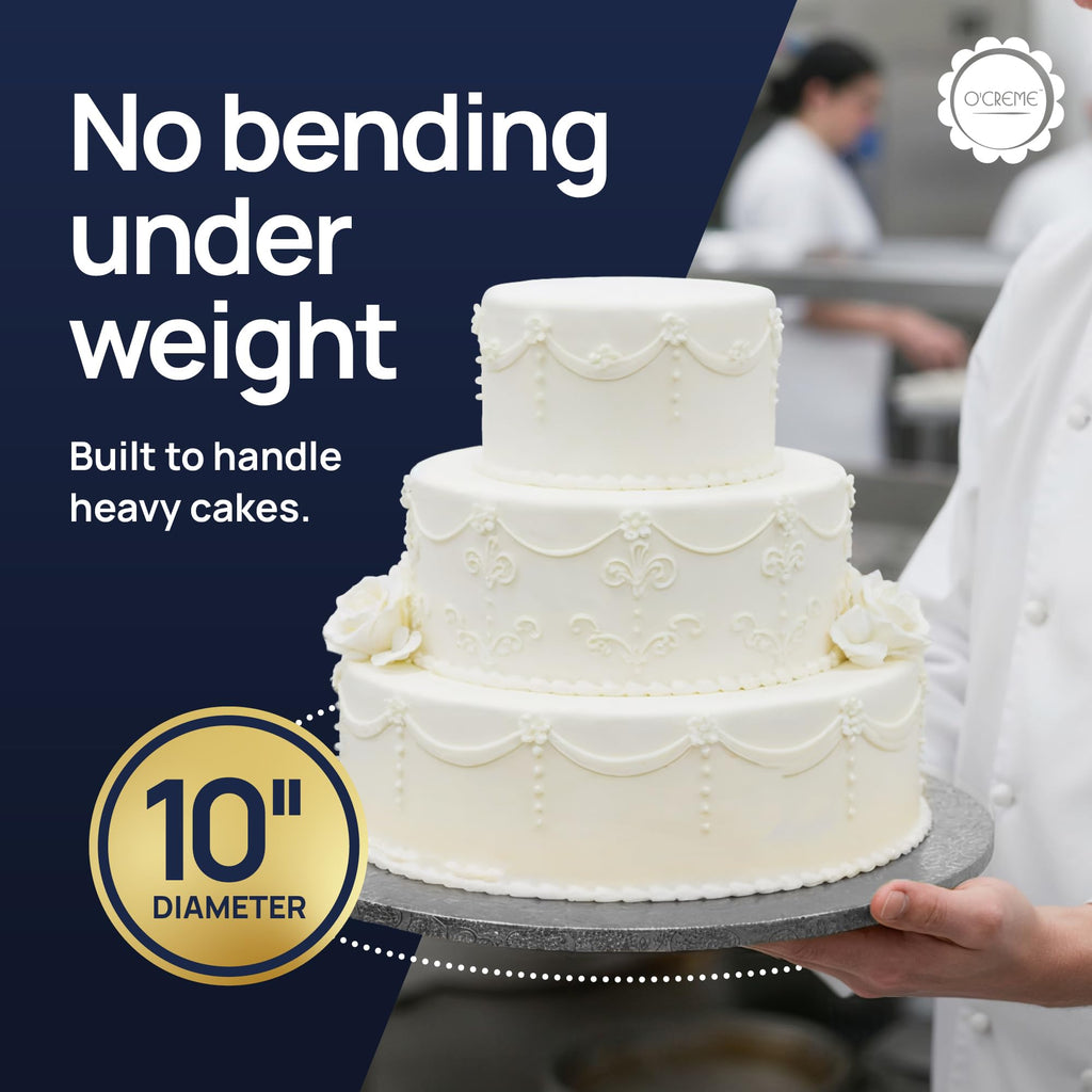 O'CREME Silver Wraparound Cake Pastry Round Drum Board 1/4 Inch Thick, 10 Inch Diameter - Pack of 10
