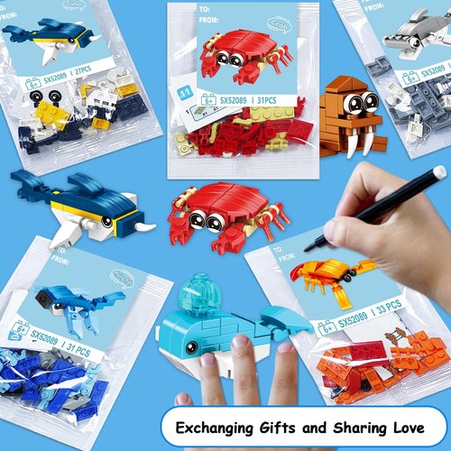 JZILU 24 Packs Valentines Day Gifts for Kids with Sea Animal Building Blocks, Valentines Day Cards for Kids School Exchange, Bulk Valentines Toys for Boy Girls Classroom
