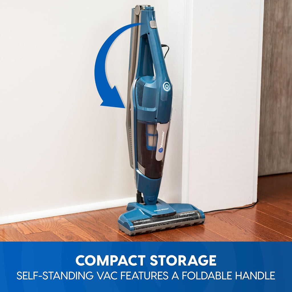 Vacmaster Portable 10.8V Cordless Stick Vacuum - Lightweight, 2-Speed Power Control, LED Headlight | Ideal for Hardwood, Carpet & Pet Hair, Blue