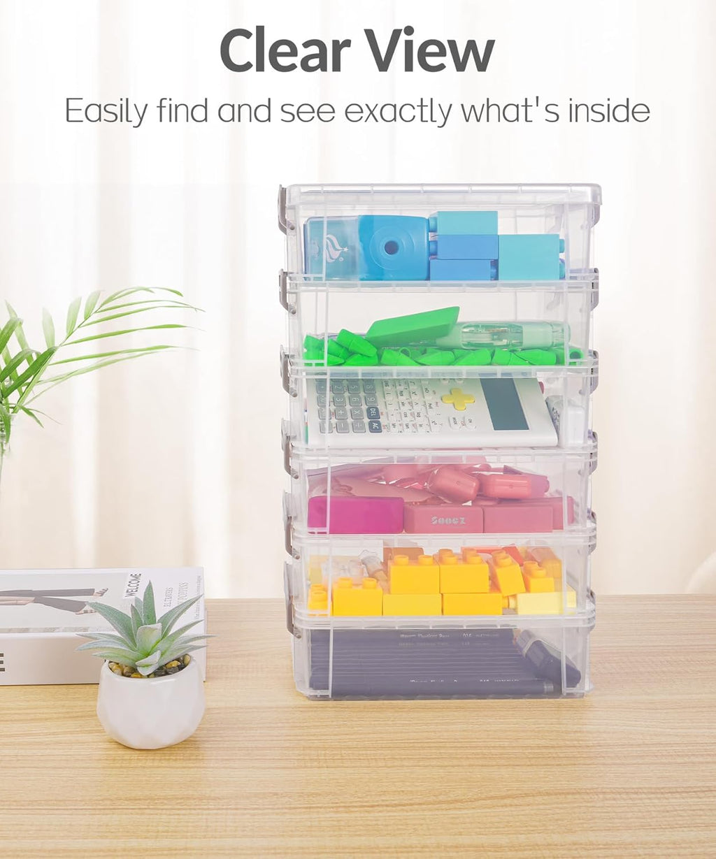 Sooez Extra Large Pencil Box Set - Clear Plastic Organizer with Lid | Stackable Storage for Art Supplies, Grey