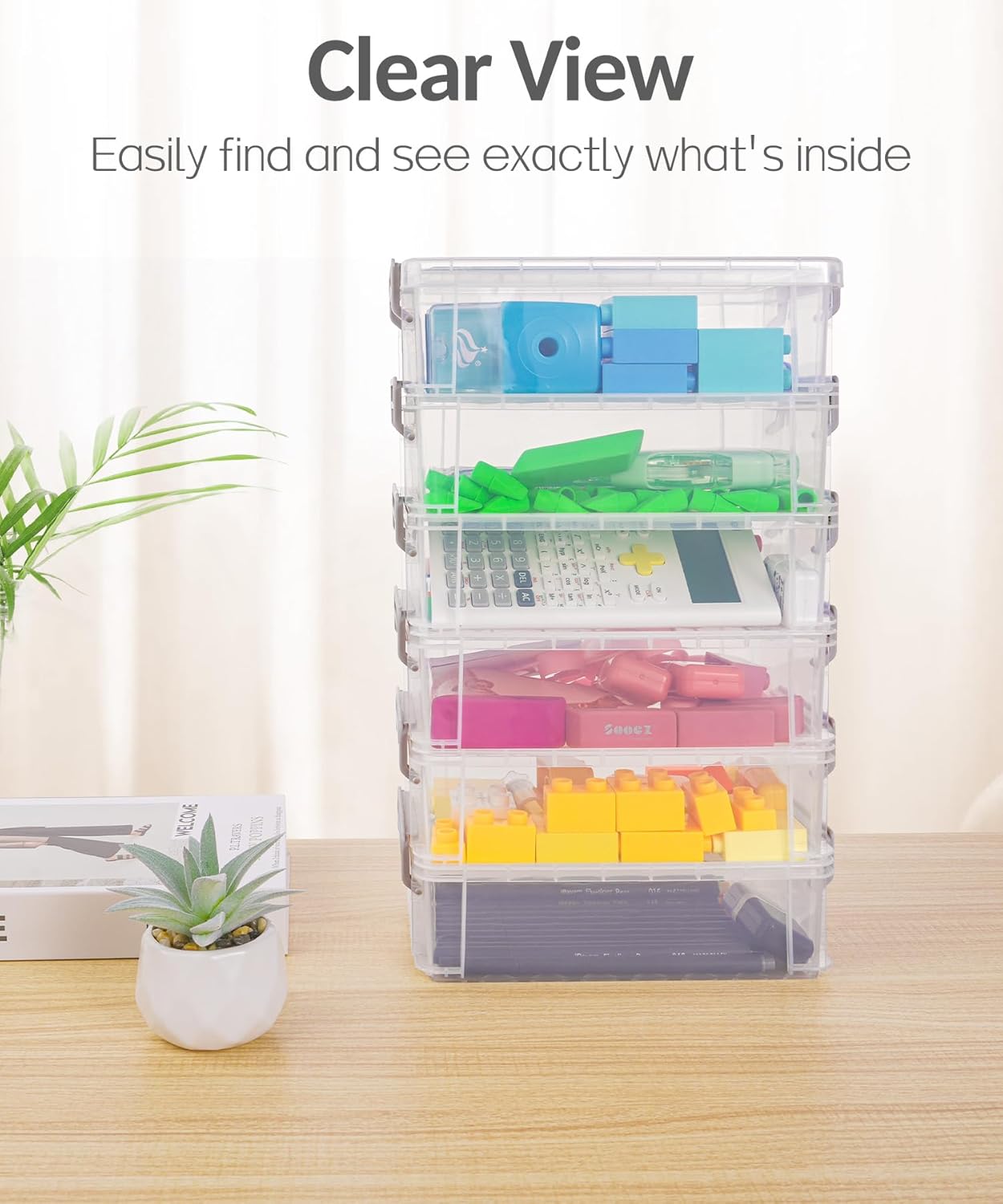 Sooez Extra Large Pencil Box Set - Clear Plastic Organizer with Lid | Stackable Storage for Art Supplies, Grey