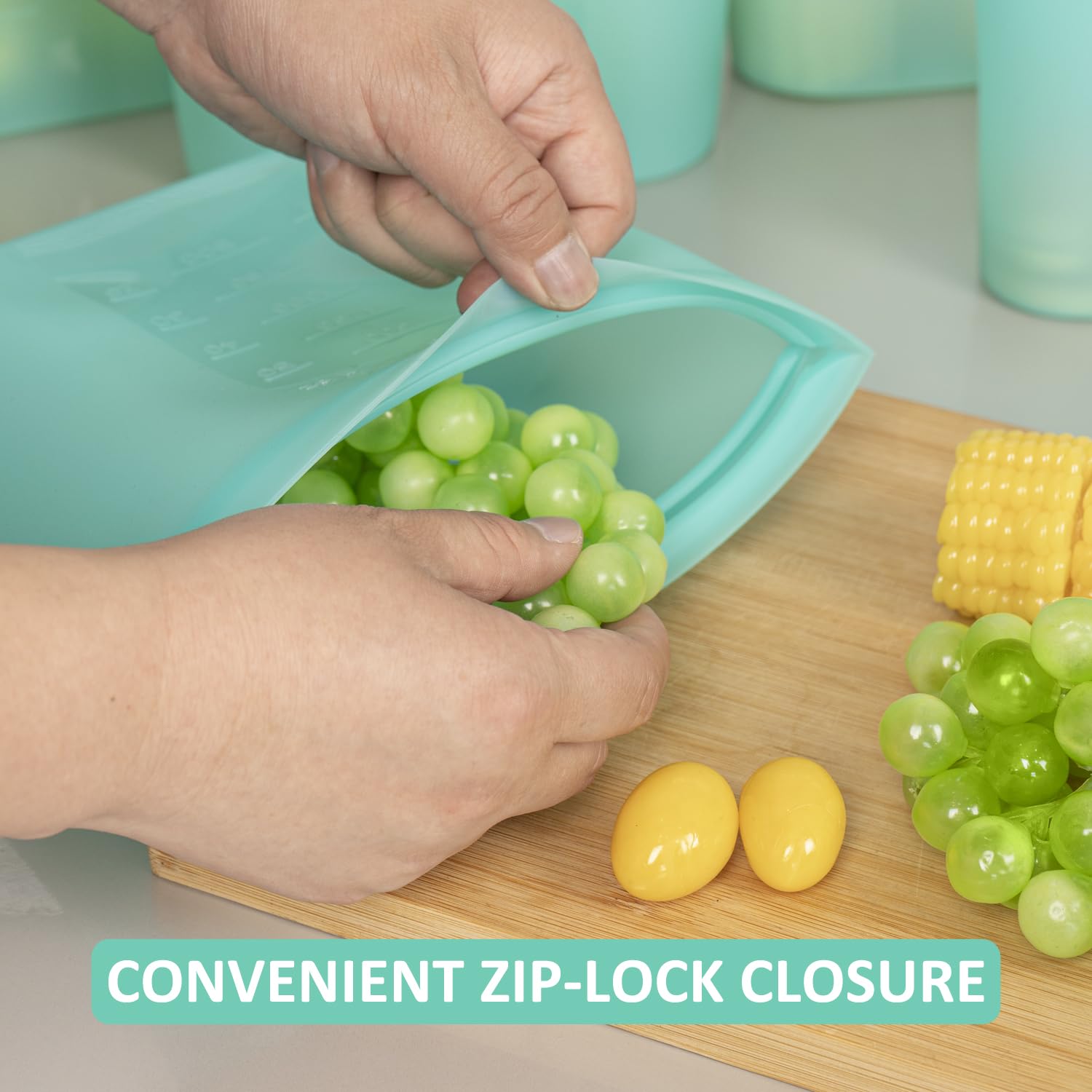 Annaklin Reusable Food Bags, 8 Pack 100% Silicone Food Storage Bags Stand Up Zip Lock Container, Freezer Microwave Oven Dishwasher Safe, 4 Medium 2 Small 2 Extra Small, Aqua