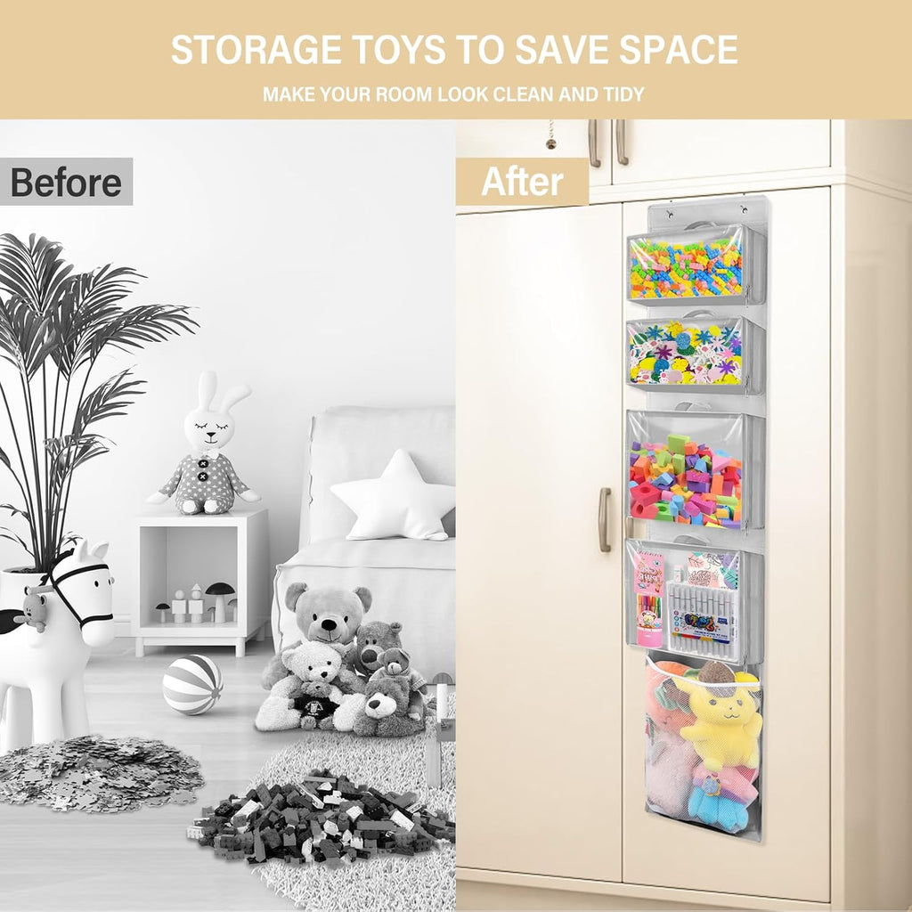 Woodoulogy Hanging Toy Storage - Over Door Stuffed Animal Organizer with 4 Removable Bags | Bi-Fold Closet Holder