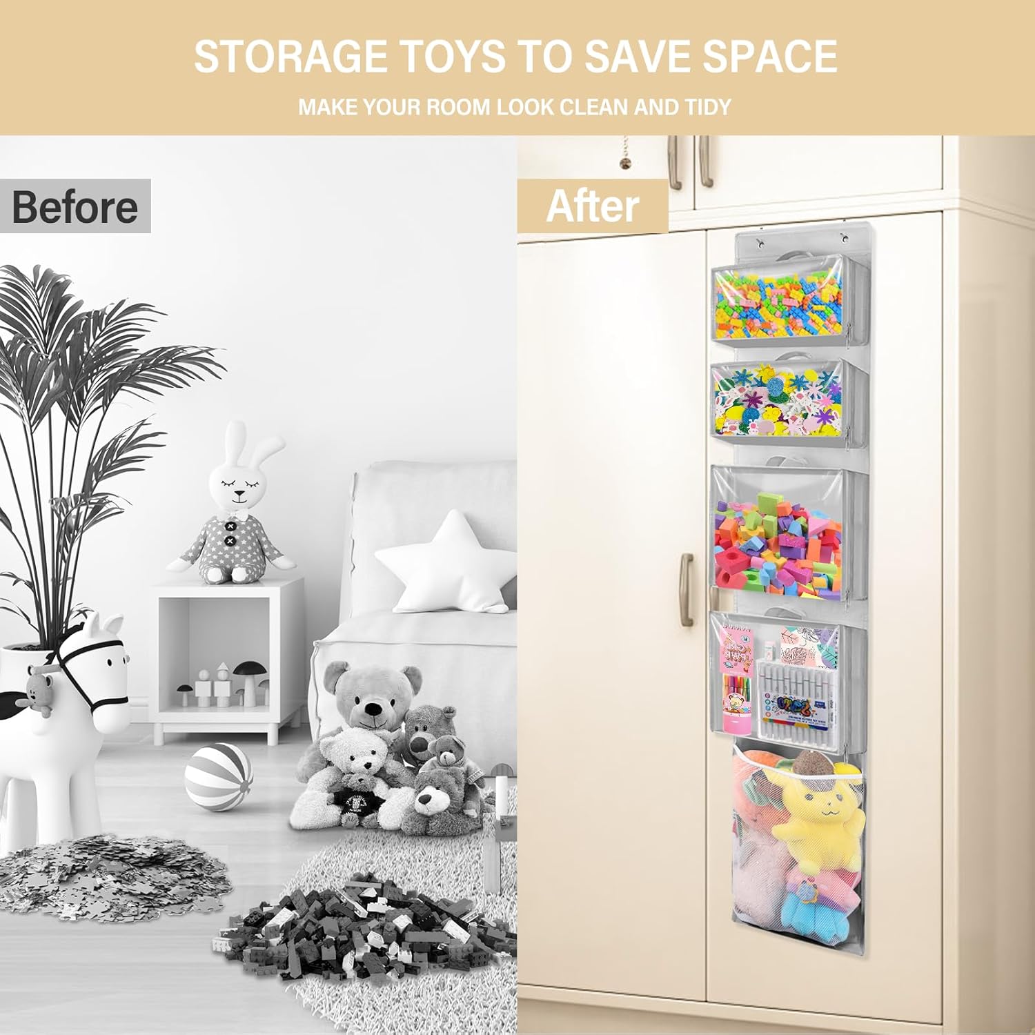 Woodoulogy Hanging Toy Storage - Over Door Stuffed Animal Organizer with 4 Removable Bags | Bi-Fold Closet Holder