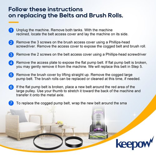 KEEPOW Replacement Belts Set for Bissell 3071 PowerForce PowerBrush Pet XL and TurboClean DualPro Pet 3072, 3067, 30673, 3109 Carpet Cleaner, Parts 1626502 & 1626486 (2+2 Pack)