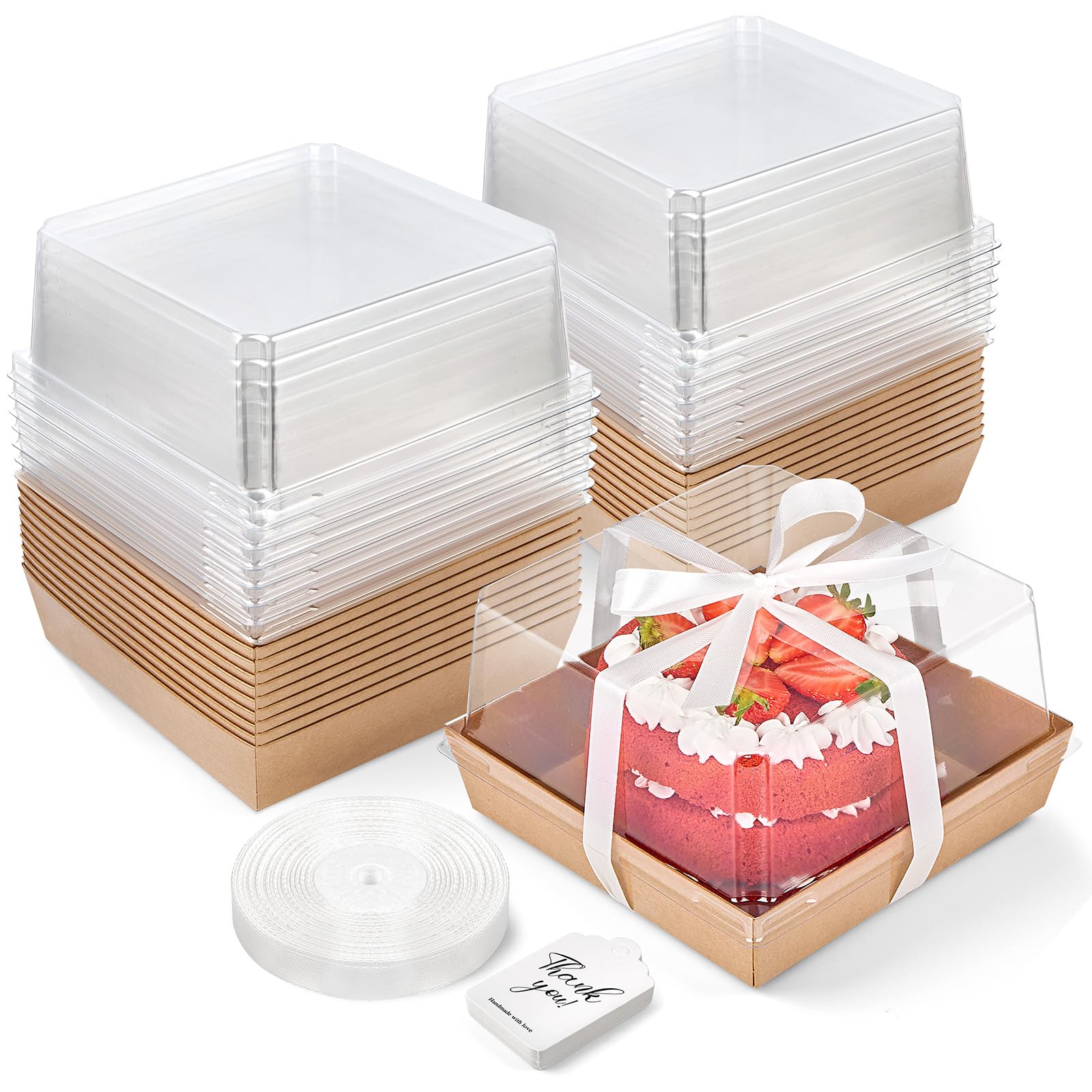 ZORRITA 7 x 7 x 4 Inches Paper Cake Boxes with Clear Lids, 40 Pack Disposable Charcuterie Boxes Square Food Containers for 4-6 Inch Cake, Dessert, Pie, Cupcake, Bakery (Brown)