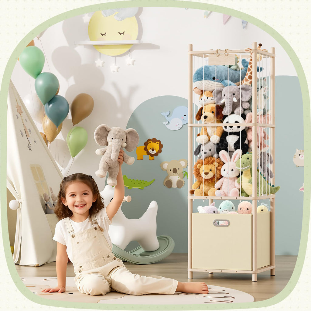 Stuffed Animal Storage Organizer - Large Wooden Toy Organizer with Drawer for Nursery, Bedroom, Kidroom, Natural Pine Material, Space-Saving
