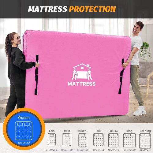 Mattress Bags for Moving, BETU Mattress Protector Waterproof Mattress Cover Queen Size Storage Bags with 8 Heavy-Duty Handles and Zipper for Bed Extra Thick Large Reusable (82"x62"x15" Pink)