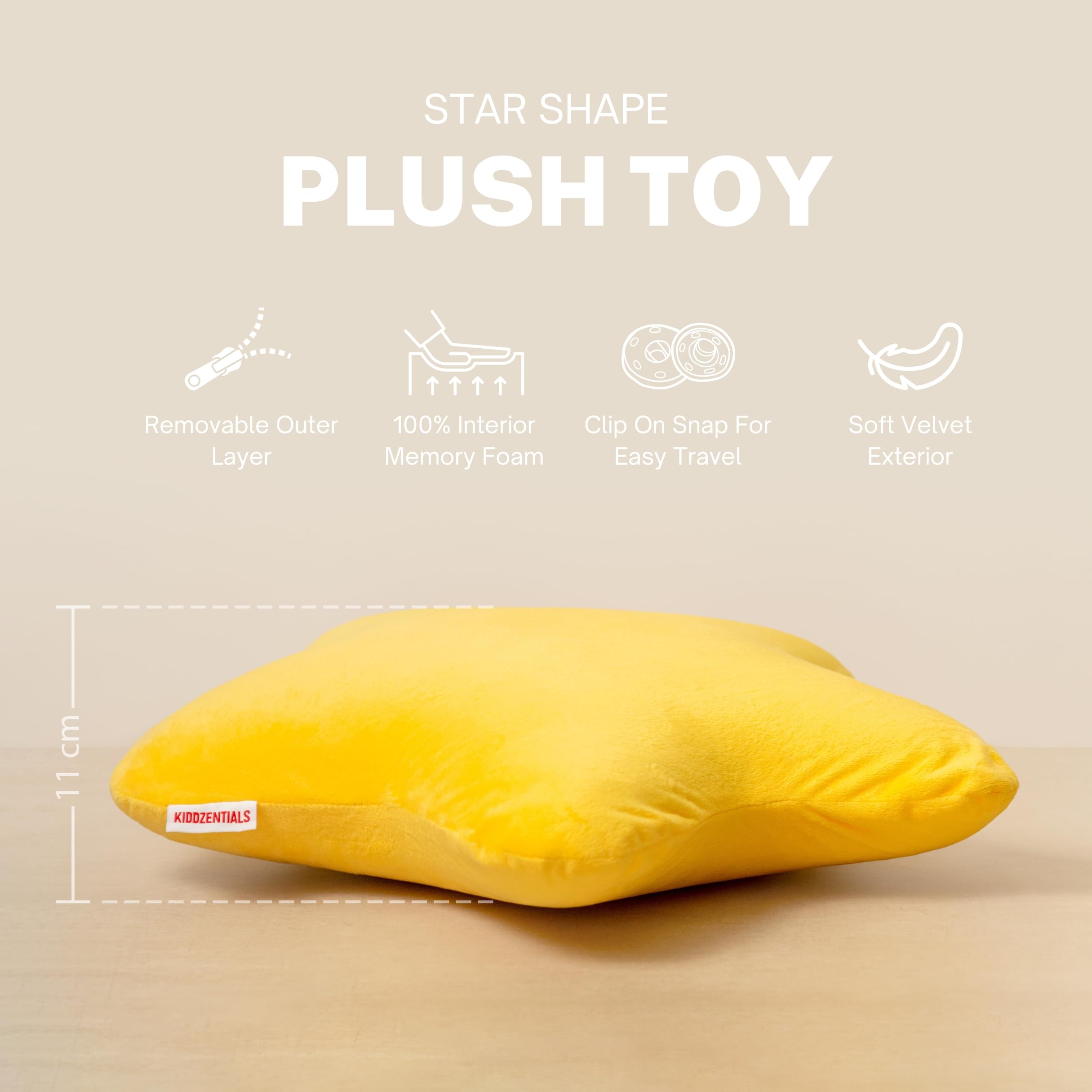 Kiddzentials Star Pillow 15in with Interior Memory Foam, Removable Outer Layer, Throw and Floor Pillow for Kids, Perfect for Classrooms, Childrens Room Decor, Yellow