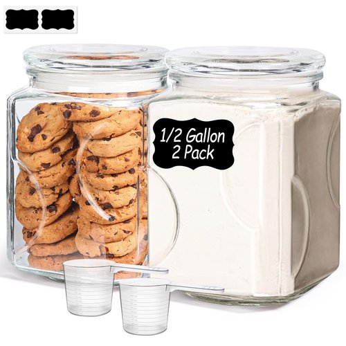 ComSaf 64 oz Glass Jar with Lid, 2 QT Pantry Storage Containers set with Glass Lids, Flour Sugar Storage Containers, Half Gallon Jars for Kitchen Storage and Laundry Room Containers, Set of 2