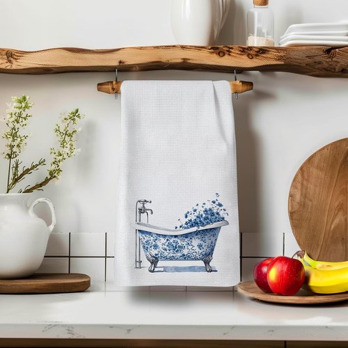 Qabliqo Chinoiserie Floral Hand Towel, Blue and White Bathroom Decor, Grandmillennial Aesthetic Flower Bathtub Decorative Hand Towels for Bathroom Washroom Spa Dorm Kitchen, 16x24 Inch