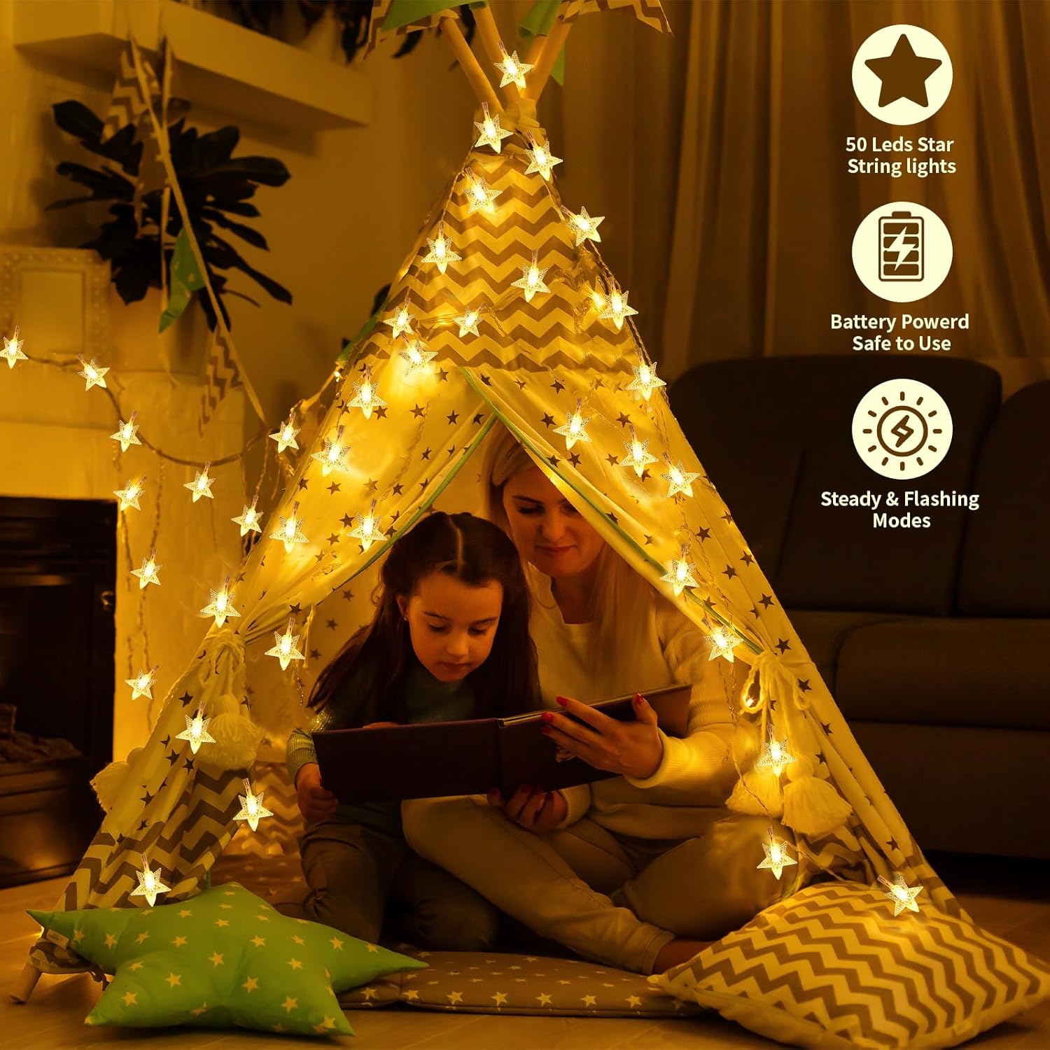 Star String Lights - 50 LED Twinkle Lights | 17 ft Battery Operated Fairy Lights for Bedroom & Patio Decor