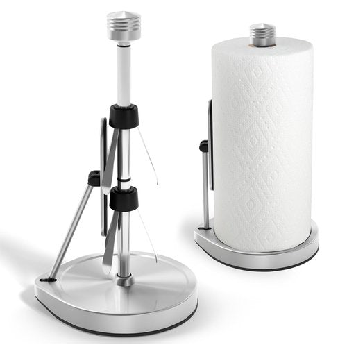 Heavy-Duty Stainless Steel Paper Towel Holder - Easy One-Handed Tear with Suction Cups - Modern Weighted Standing Countertop Dispenser for Kitchen - Holds All Paper Towel Rolls, Silver