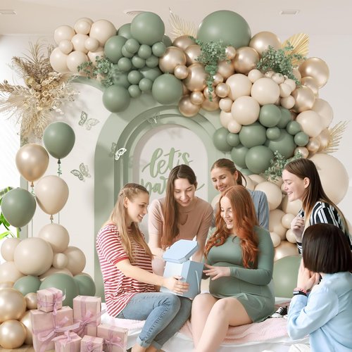 130Pcs Sage Green Balloon Garland Arch Kit with Sage Green Sand White Gold Balloons for Baby Shower Bridal Shower Birthday Engagement Birthday Party Decorations