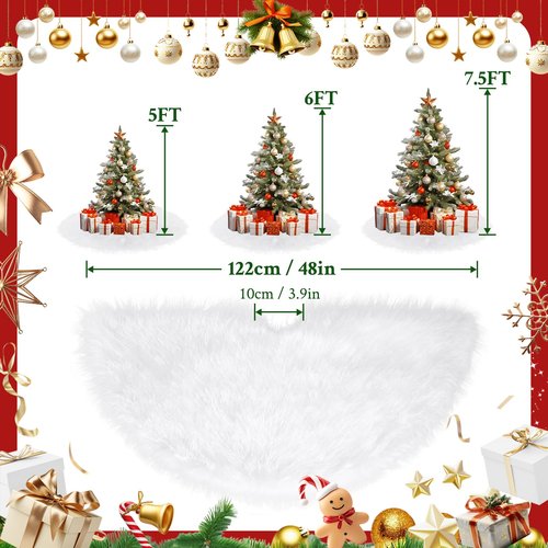 48 Inch Christmas Tree Skirt Large White Faux Fur Plush Xmas Tree Skirts Mat for Merry Christmas Party Holiday Luxury Christmas Decorations Indoor Xmas Home Decor