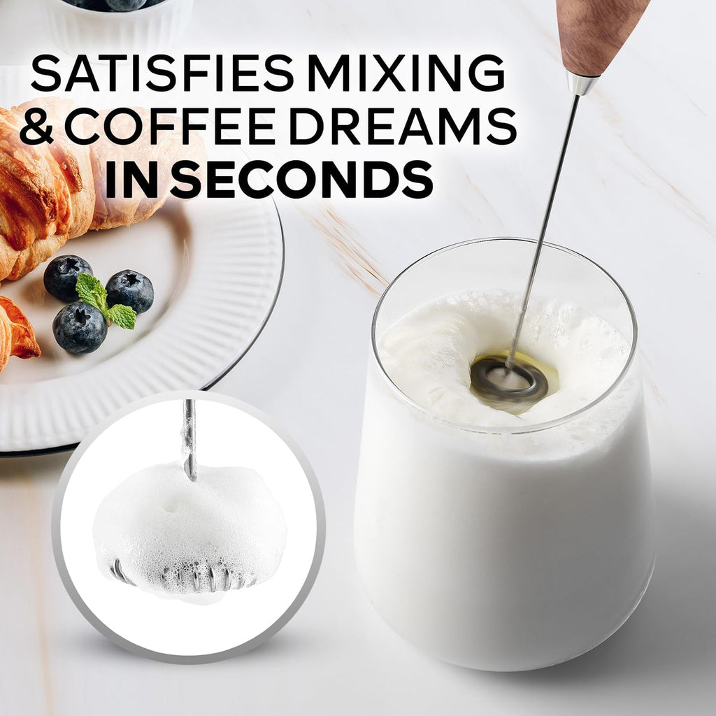 Zulay Kitchen Milk Frother Wand - Ultra Fast Handheld Electric Whisk for Coffee, Lattes & More - Walnut Finish