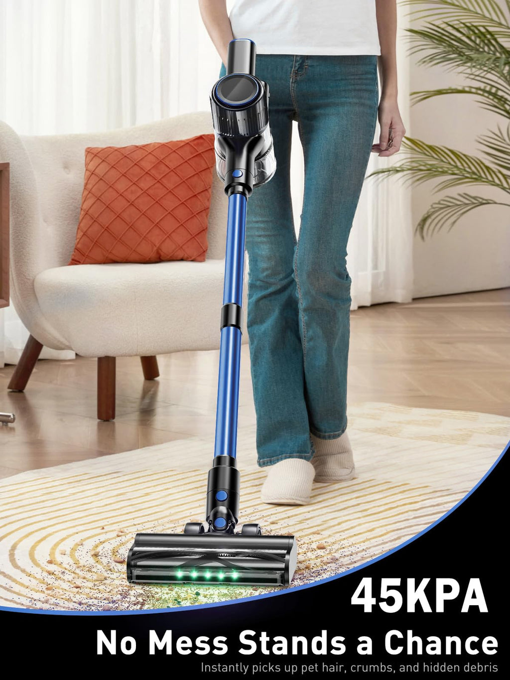 OUYFHK Cordless Vacuum Cleaner, 45000Pa/450W/50Mins Vacuum Cleaners for Home, 8-in-1 Stick Vacuum with LED Screen, Anti-Tangle, Lightweight Rechargeable Vacuum for Carpet Pet Hair Hardwood Floor Blue